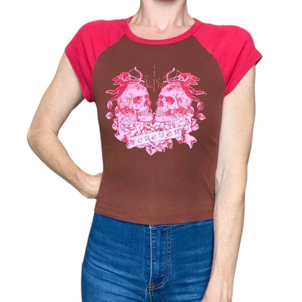 red & brown urban outfitters skull baseball tee